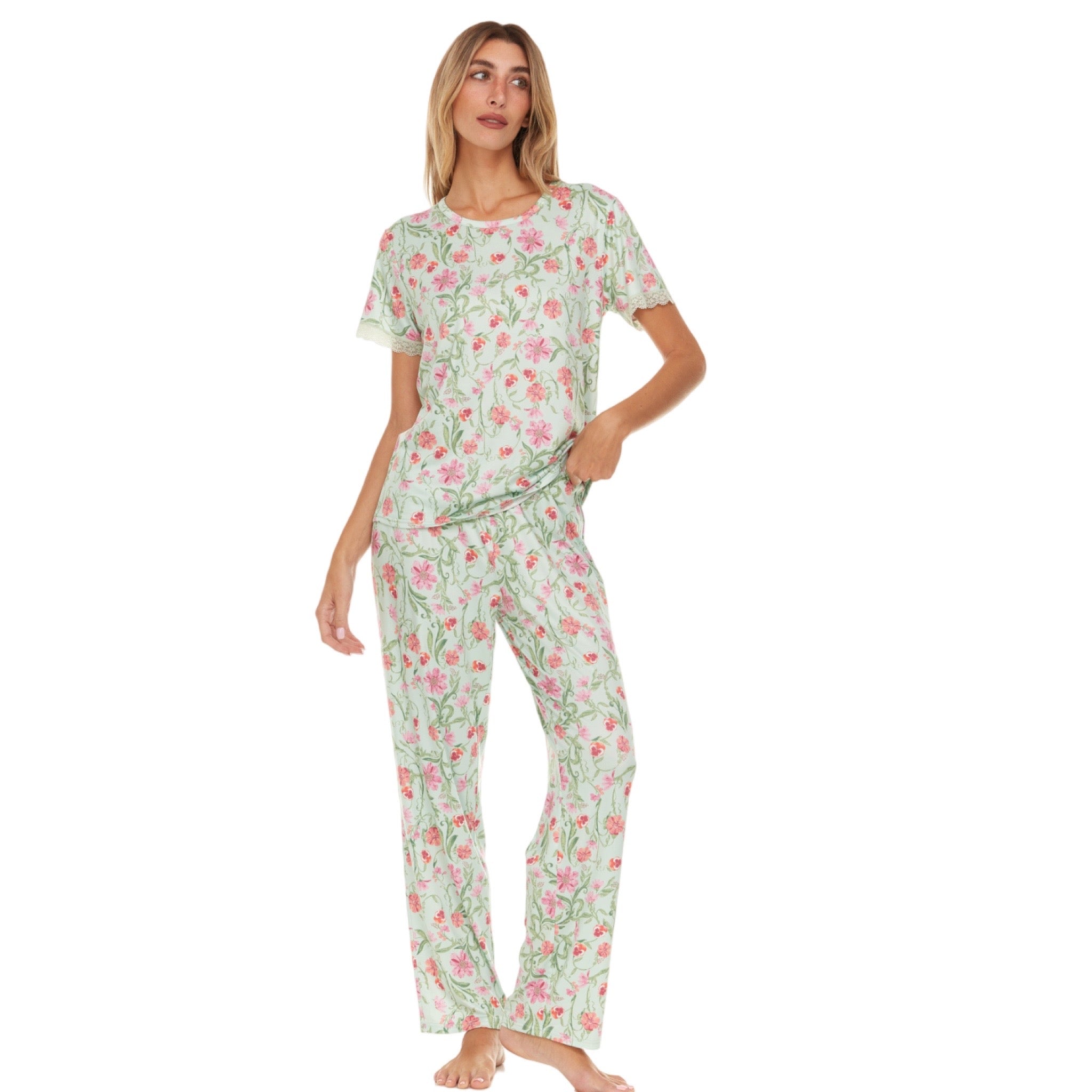Pijama Pantalon Largo y Blusa Cerrada con Manga Corta T91002 Flora Nikrooz
